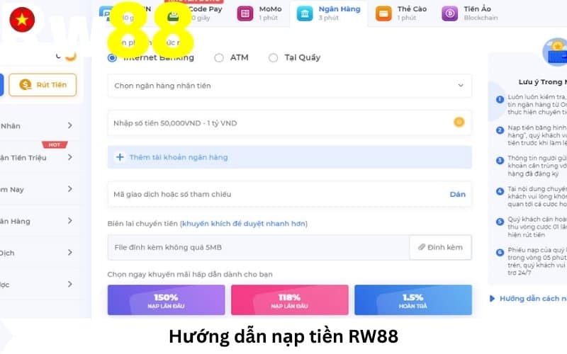 hướng dẫn nạp tiền vào tài khoản nhà cái RW88